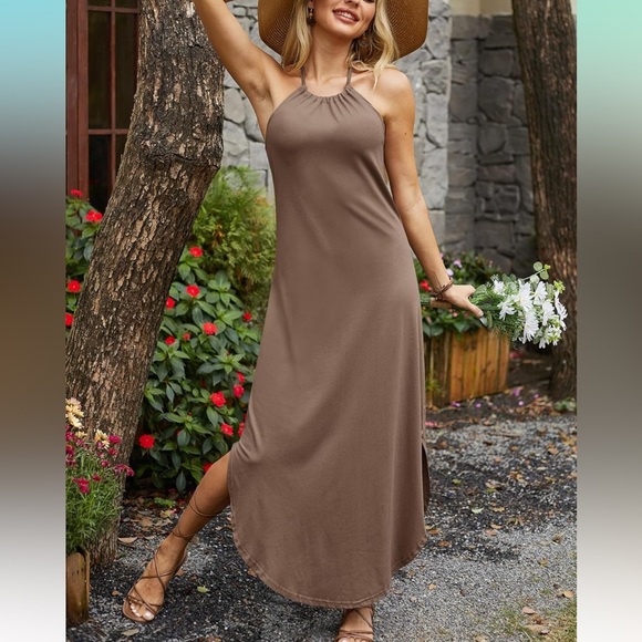 Khaki/Brown Casual Maxi Halter Dress, Size M - Picture 2 of 7